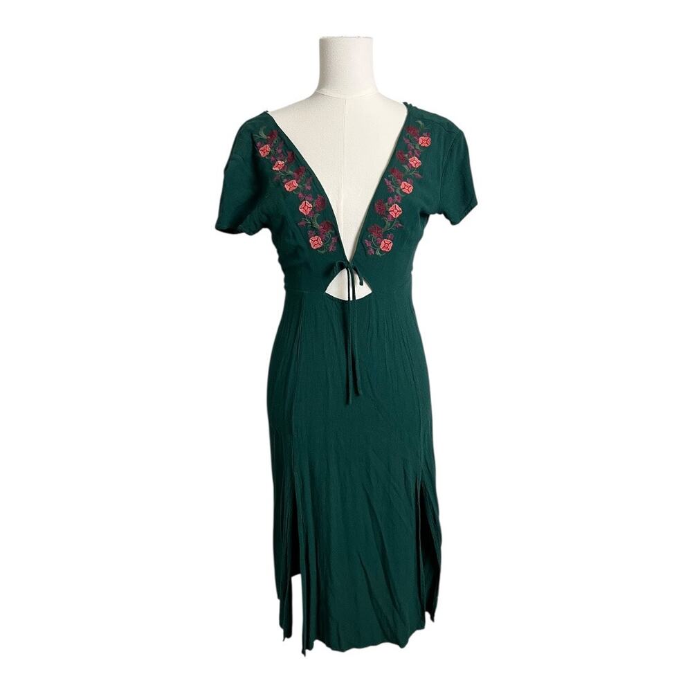 Lulus Into Versailles Green Embroidered Midi Dress XS Plunge V-neck